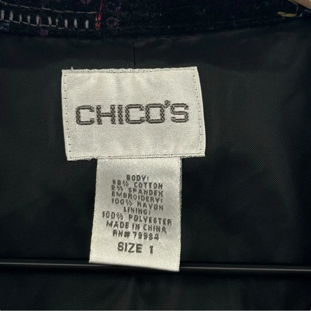 Chico's Statement Jacket Black Velour Colorful Embroidery Studded Boxy | 1 8/10 - Picture 10 of 11